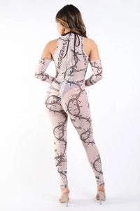Printed Mesh Jumpsuit Nude