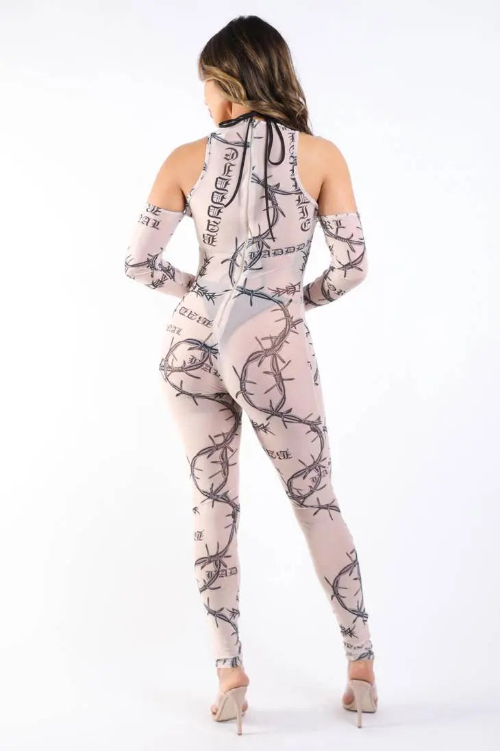 Printed Mesh Jumpsuit Nude