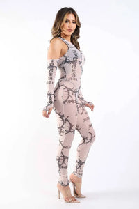 Printed Mesh Jumpsuit Nude