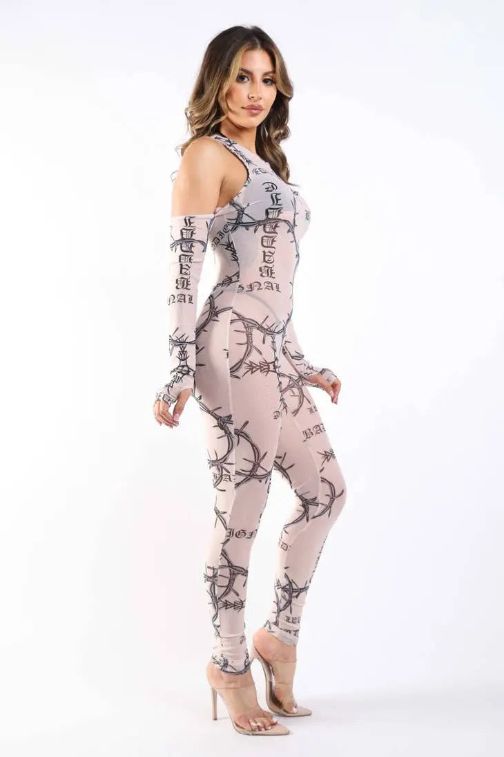 Printed Mesh Jumpsuit Nude