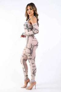 Printed Mesh Jumpsuit Nude