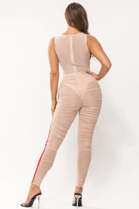 2 Colors Crossed Ruched Mesh Jumpsuit Nude/Red