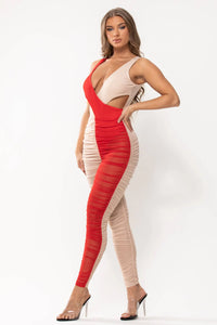 2 Colors Crossed Ruched Mesh Jumpsuit Nude/Red