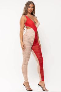 2 Colors Crossed Ruched Mesh Jumpsuit Nude/Red
