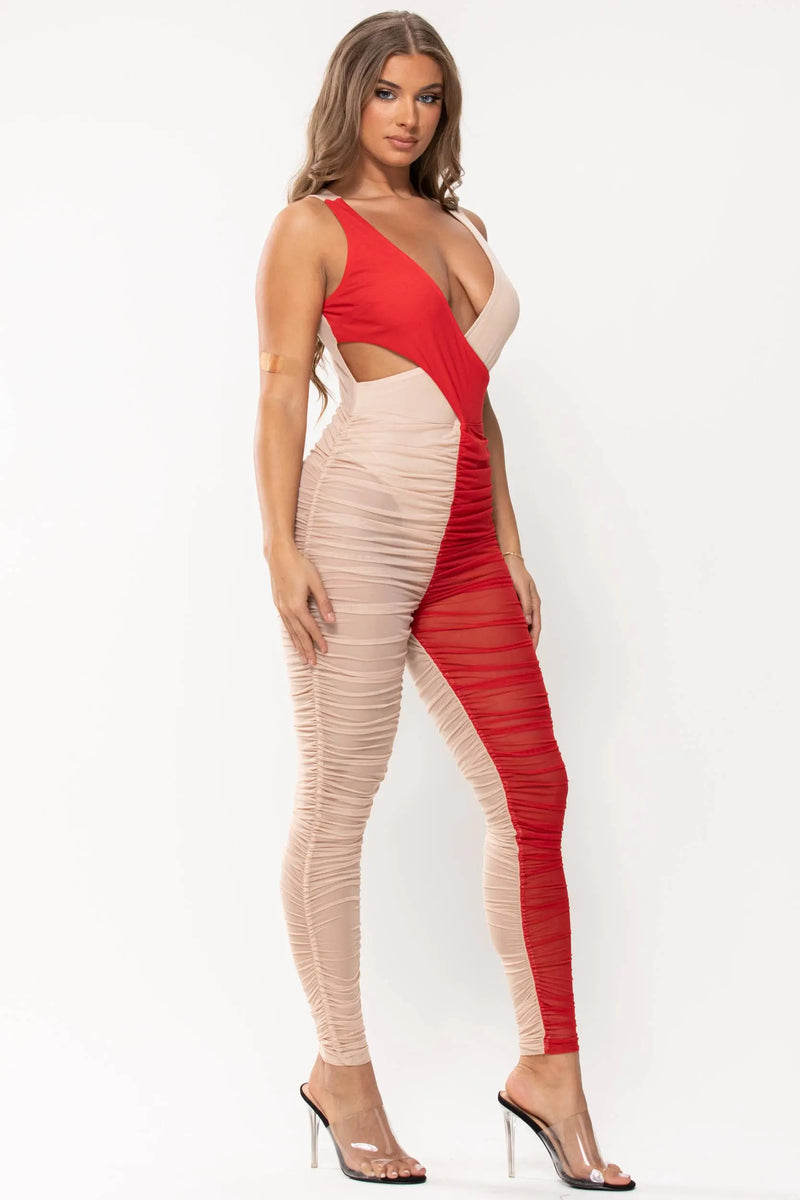 2 Colors Crossed Ruched Mesh Jumpsuit Nude/Red
