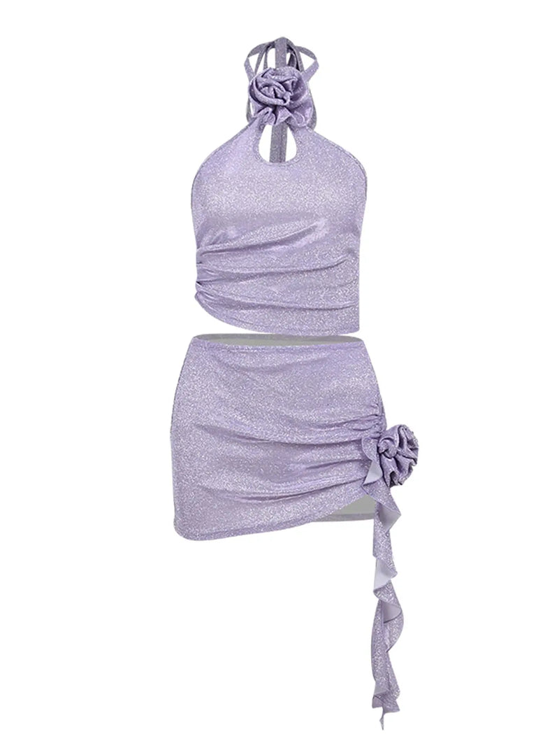 Solid Halter Top Ruched Detail Skirt