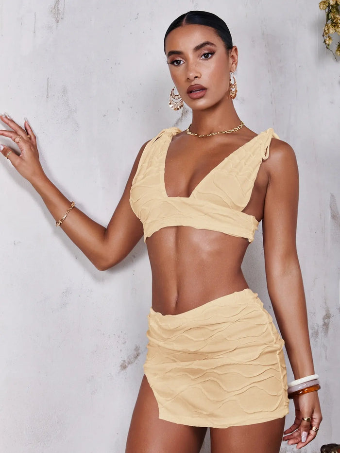 Tie Shoulder Crop Top Split Hem Skirt