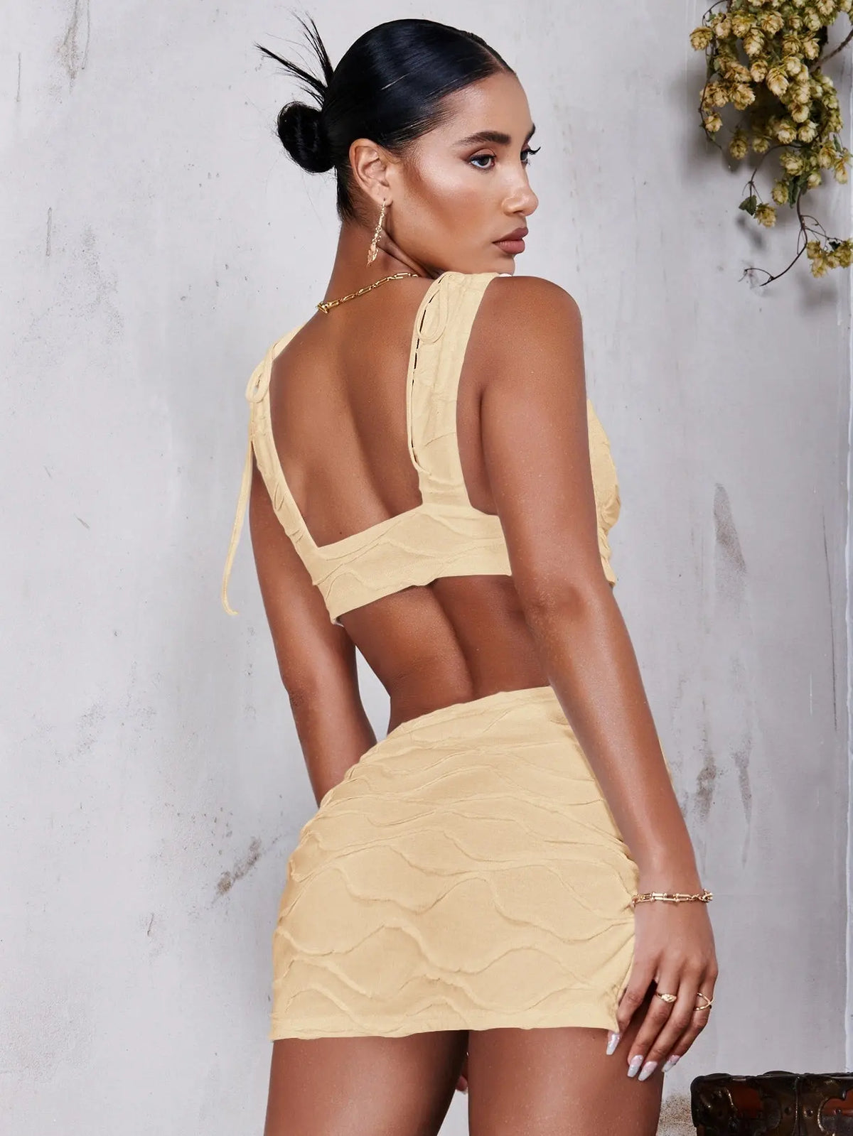 Tie Shoulder Crop Top Split Hem Skirt