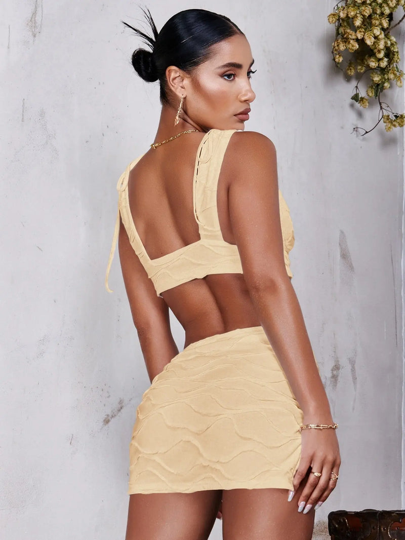 Tie Shoulder Crop Top Split Hem Skirt