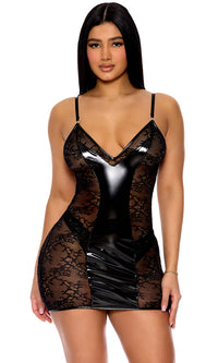 Perfect Pair Vinyl and Lace Chemise Lingerie Set - Black