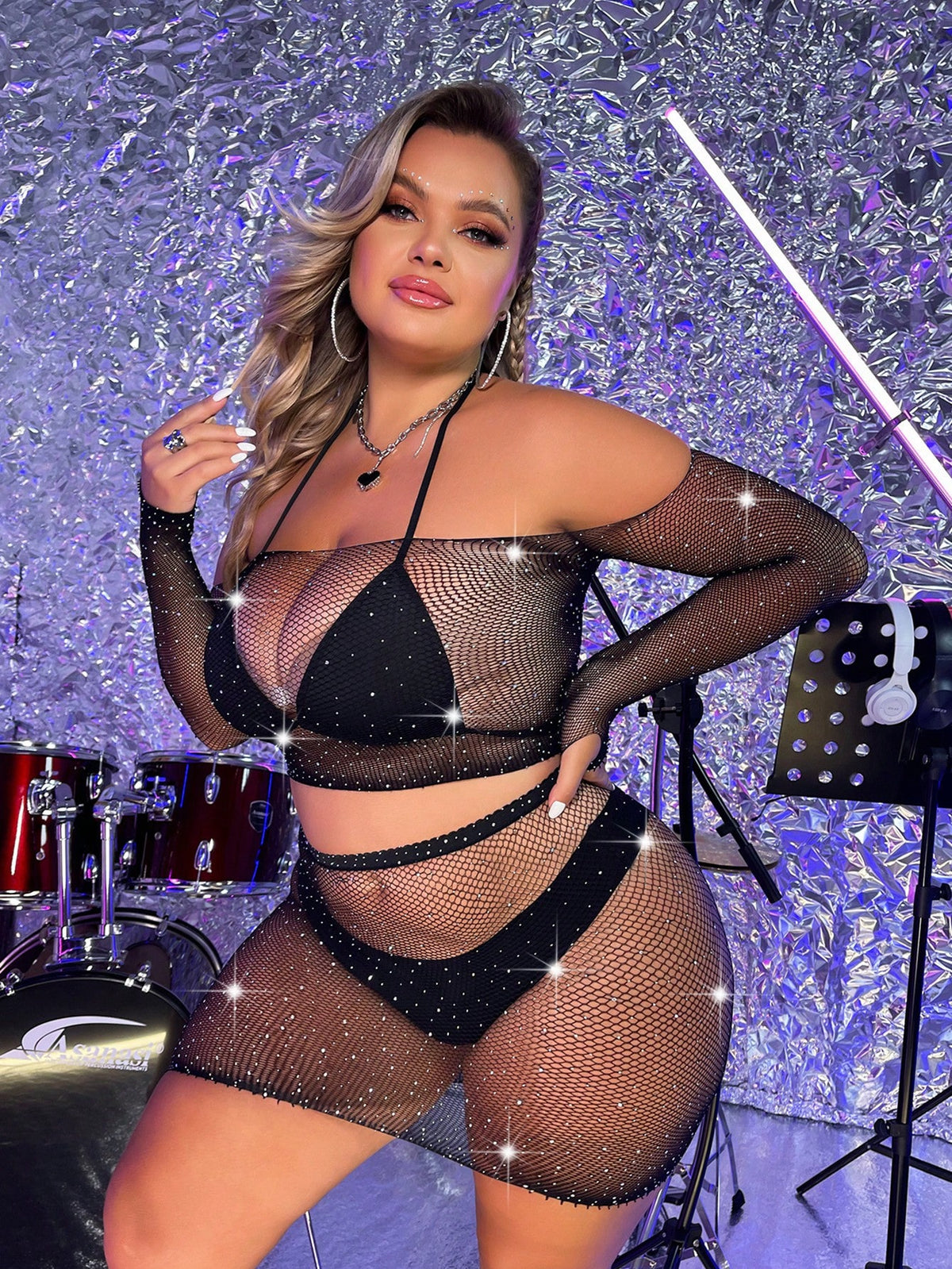 PlusSize  Rhinestone Fishnet Set