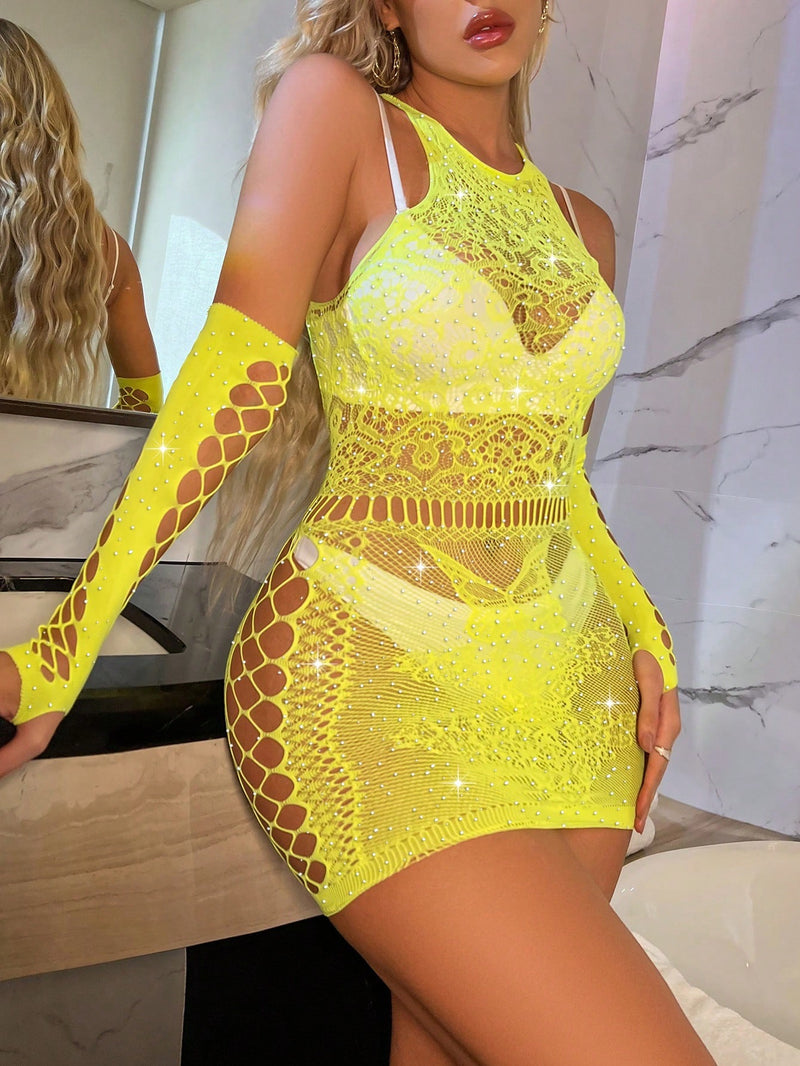 Rhinestone Fishnet Dress With 1pair Cloves Princess Avenue