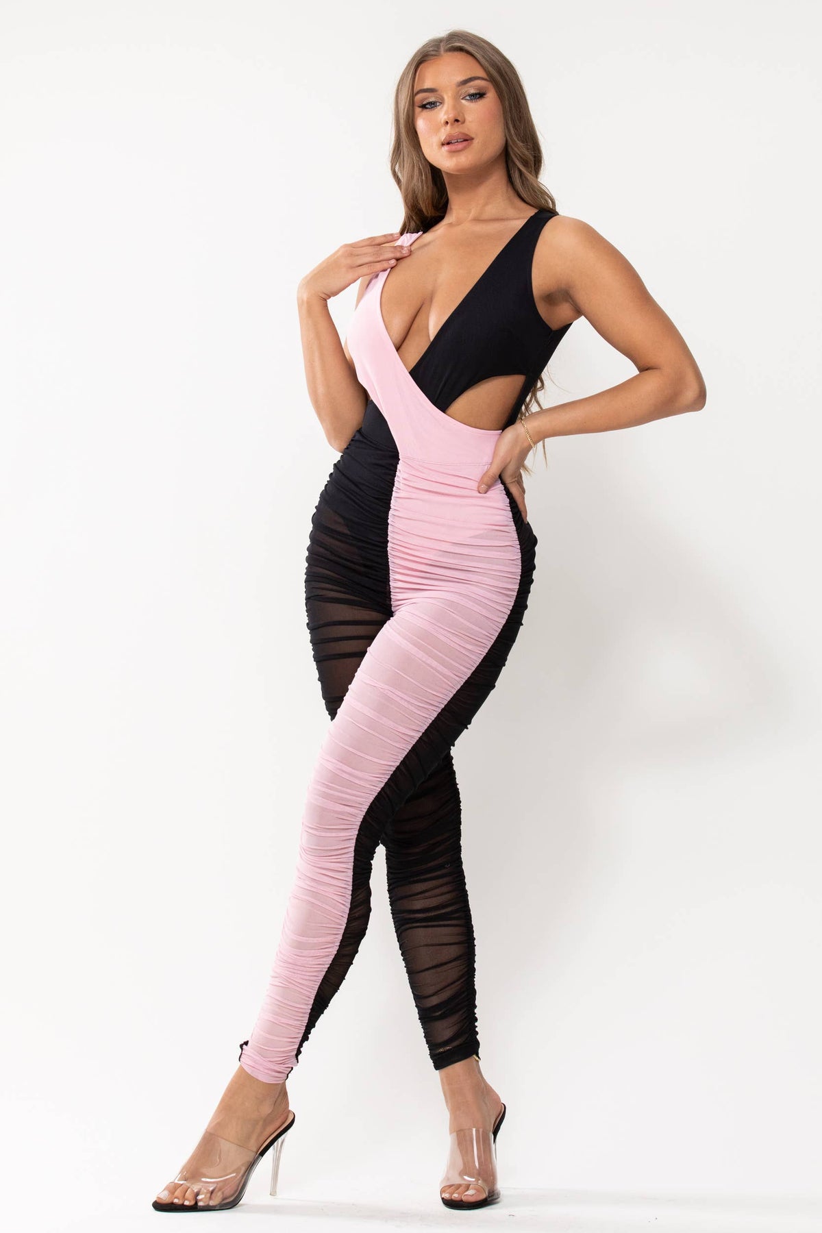 2 Colors Crossed Ruched Mesh Jumpsuit Black/Pink SEXY DRESS OUTLET
