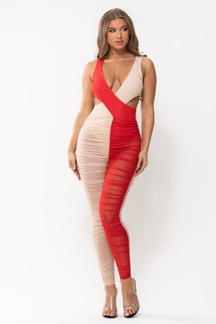 2 Colors Crossed Ruched Mesh Jumpsuit Nude/Red SEXY DRESS OUTLET