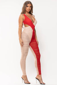 2 Colors Crossed Ruched Mesh Jumpsuit Nude/Red SEXY DRESS OUTLET