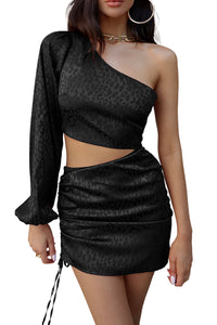 Black Leopard Print Cut-out One Shoulder Mini Dress SEXY DRESS OUTLET