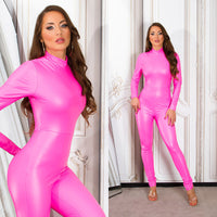 FAUX LEATHER LONG SLEEVE JUMPSUIT PINK SEXY DRESS OUTLET