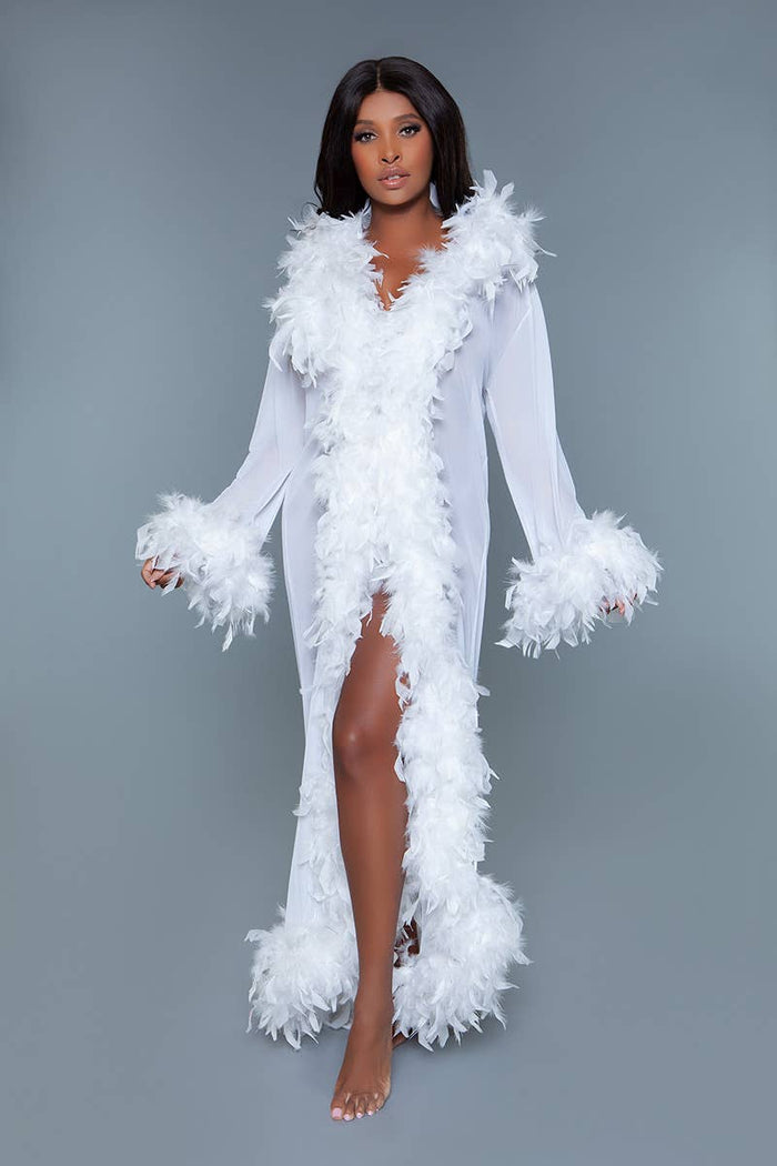 Glamour Robe White with feather trim SEXY DRESS OUTLET