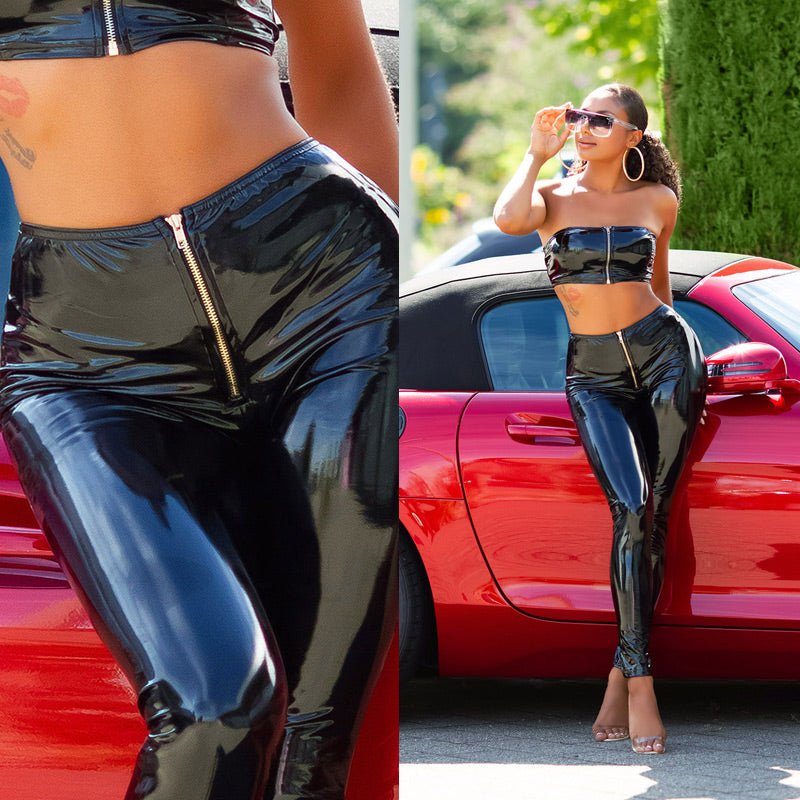 HIGH WAIST LATEX LOOK PANTS WITH ZIP BLACK SEXY DRESS OUTLET