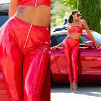 HIGH WAIST LATEX LOOK PANTS WITH ZIP RED SEXY DRESS OUTLET