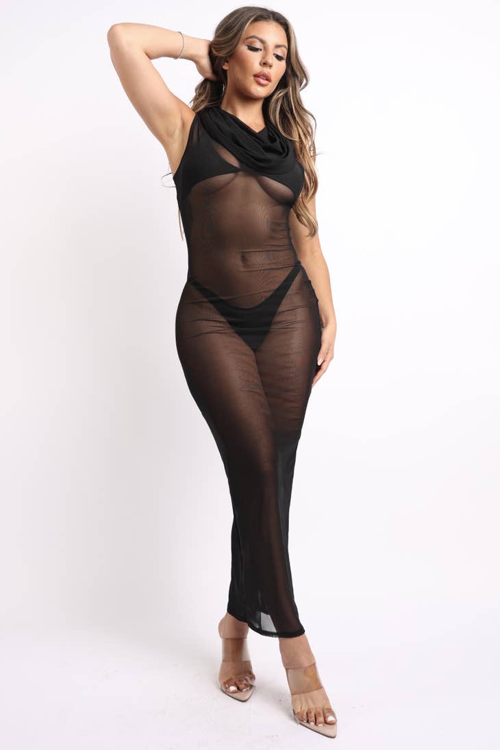 Hooded Mesh Maxi Dress Black SEXY DRESS OUTLET