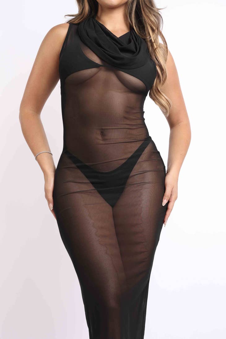 Hooded Mesh Maxi Dress Black SEXY DRESS OUTLET