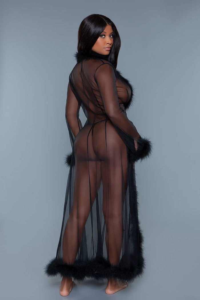 Marabou Robe Black with feather trim SEXY DRESS OUTLET