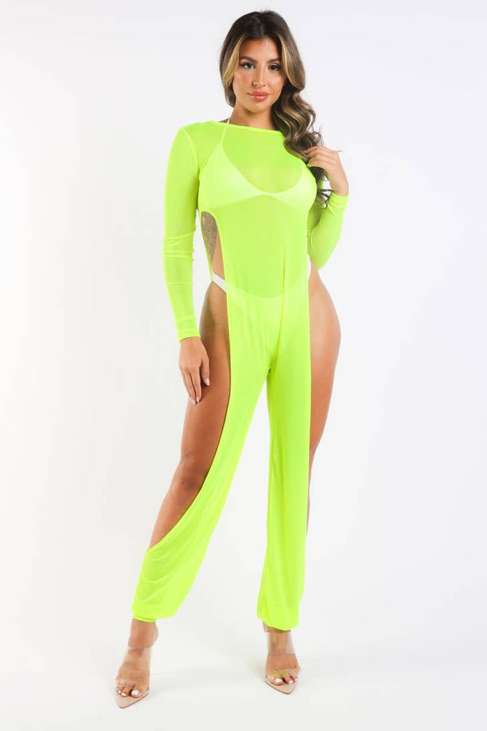 Mesh coverup jumpsuit Neon Yellow SEXY DRESS OUTLET