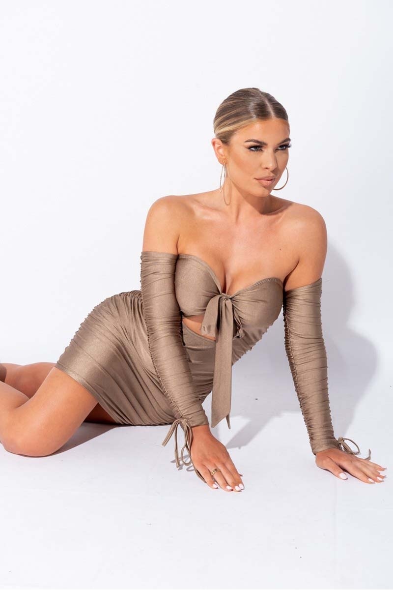 Mocha Slinky Cut Out Detail Ruched Bardot Dress SEXY DRESS OUTLET