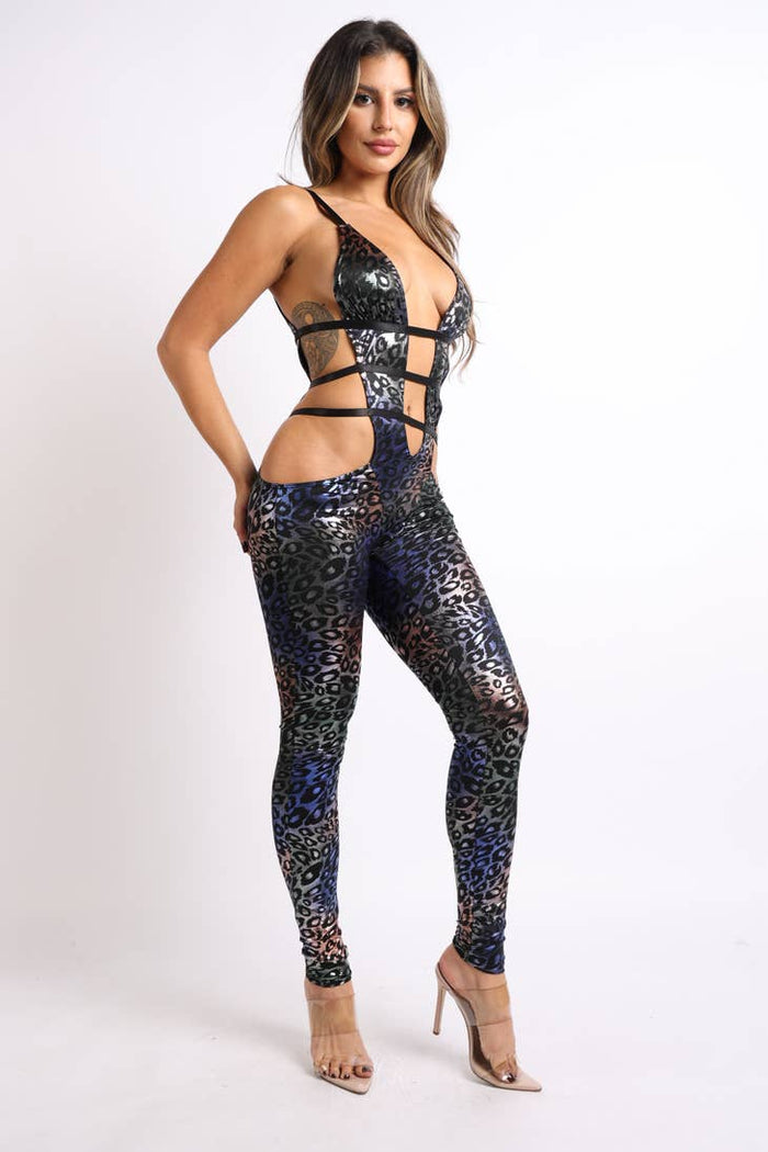 Multi Leopard Foiled Cutout String Detailed Jumpsuit SEXY DRESS OUTLET