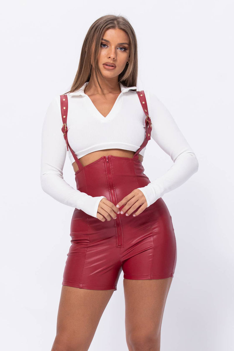 PU Suspender Overrall Romper Wine Red Sexy Dress Outlet