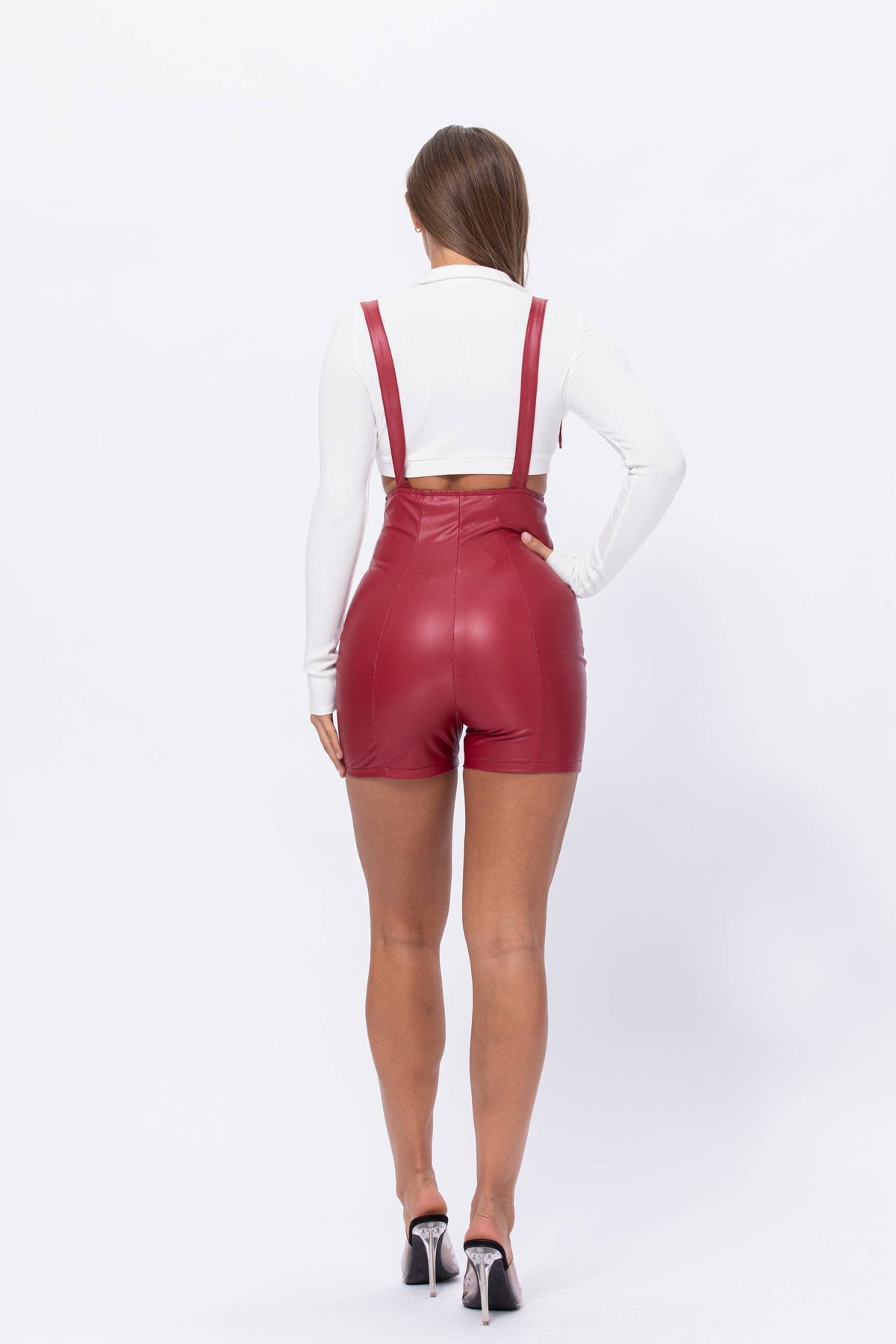 PU Suspender Overrall Romper Wine Red Sexy Dress Outlet
