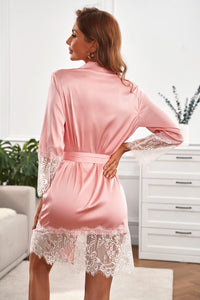 Pink Satin Kimono Robe with Lace Trims SEXY DRESS OUTLET
