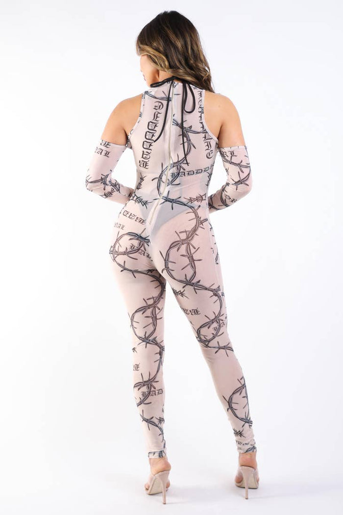 Printed Mesh Jumpsuit Nude Sexy Dress Outlet