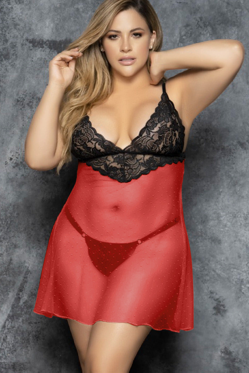 Red Plus Size Sheer Babydoll Lingerie Set Sexy Dress Outlet