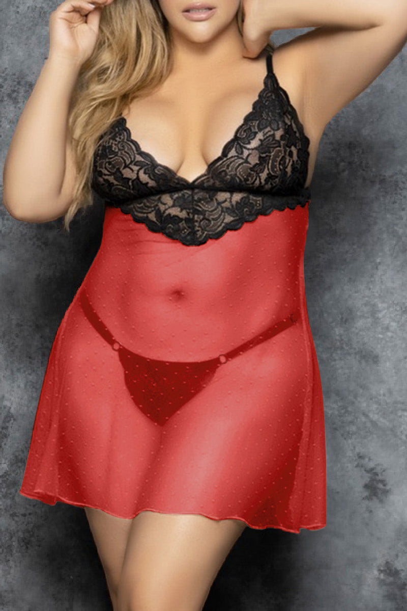 Red Plus Size Sheer Babydoll Lingerie Set Sexy Dress Outlet