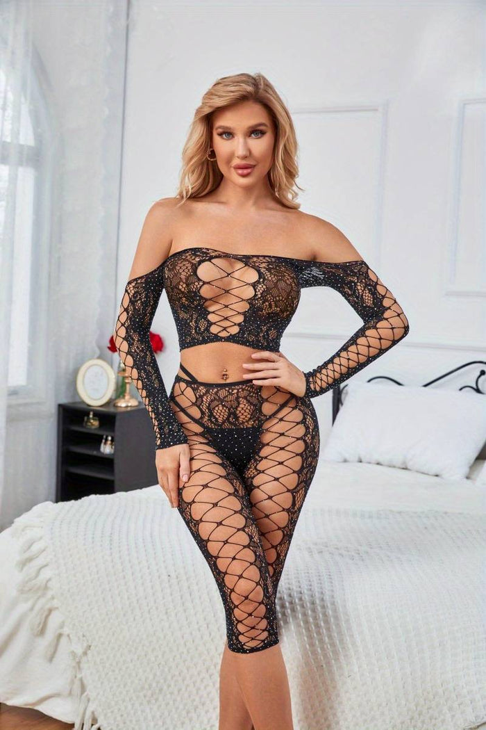 Rhinestone See Through Long Sleeve Top & Crop Bodystocking Set Sexy Dress Outlet