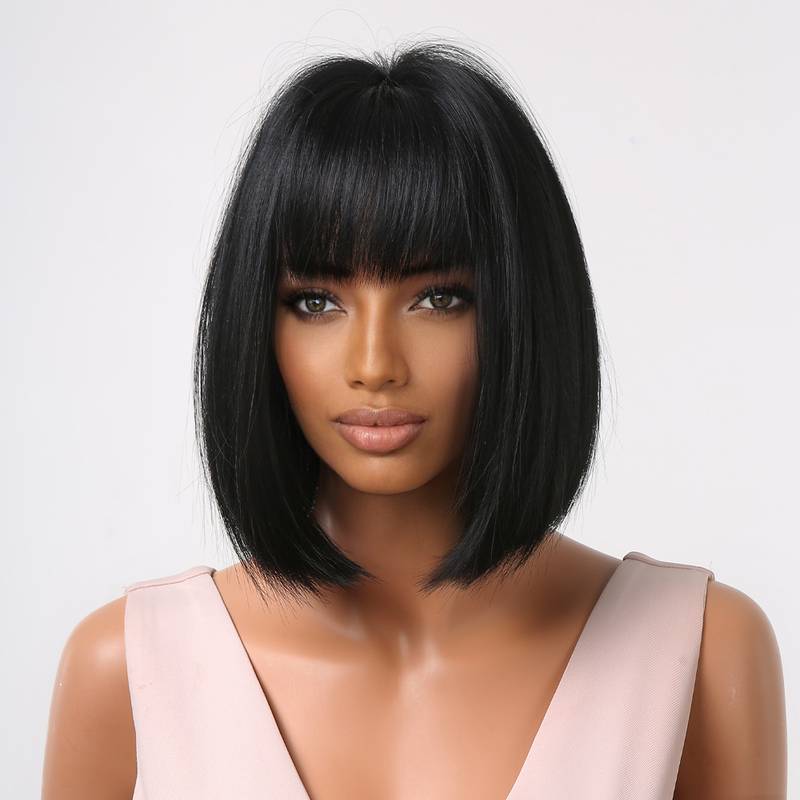 Short Bob Straight Black Wigs With Bangs Heat Resistant With Wing Cap Sexy Dress Outlet