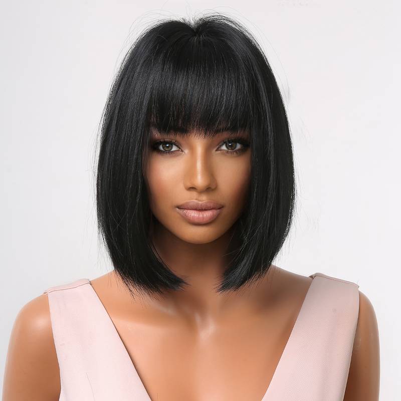 Short Bob Straight Black Wigs With Bangs Heat Resistant With Wing Cap Sexy Dress Outlet