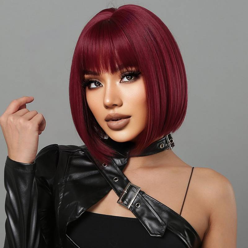 Short Bob Straight Wine Red Synthetic Bangs Wig For Cosplay Party With Wig Cap Sexy Dress Outlet